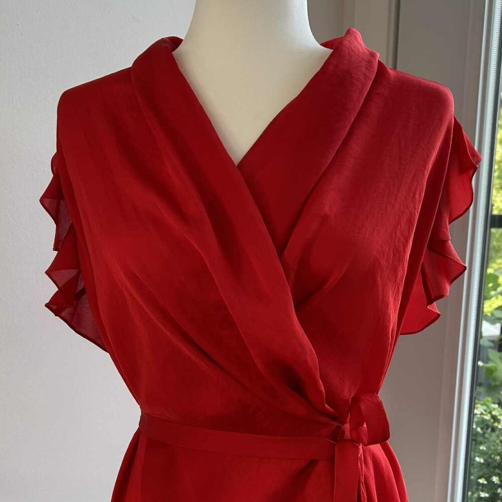Armani Exchange Poppy Red Satin Side-Tie Wrap Blouse with Flutter Sleeves – US M